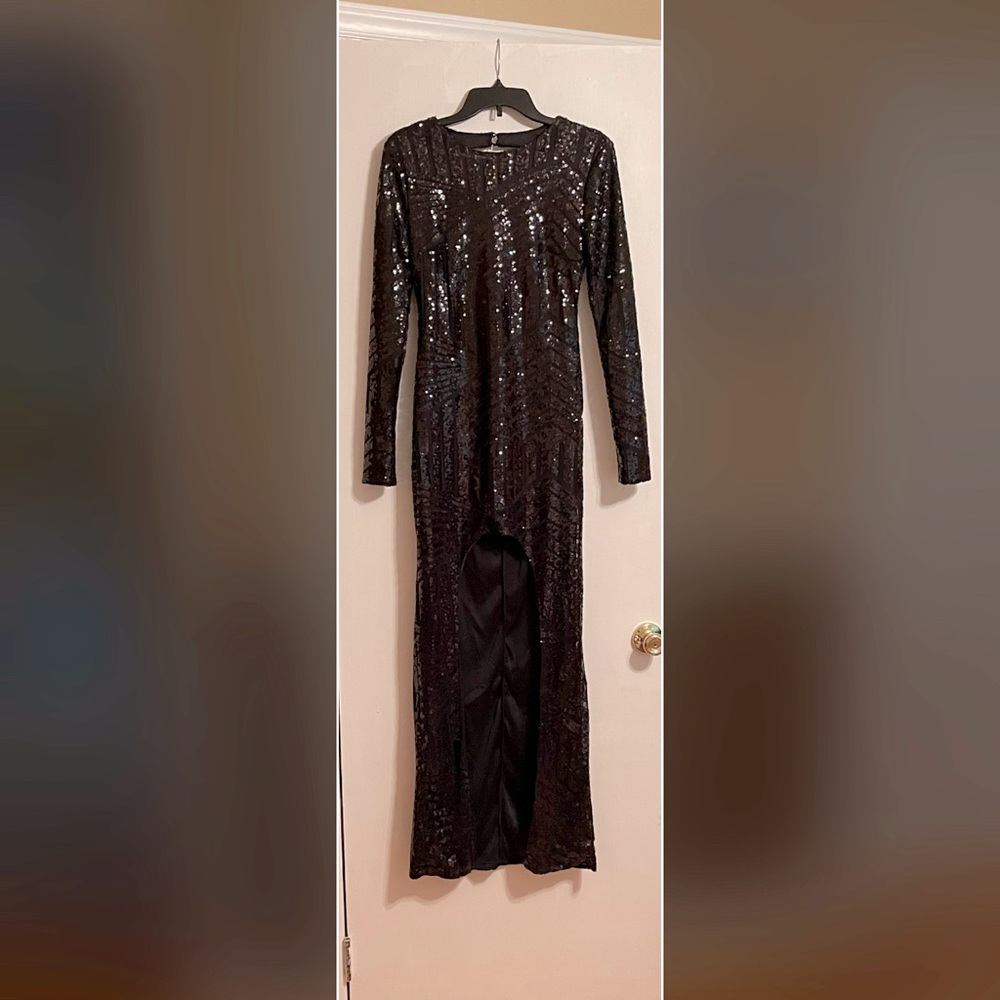 Banjul High-Low Scoop Back Black Sequin Gown